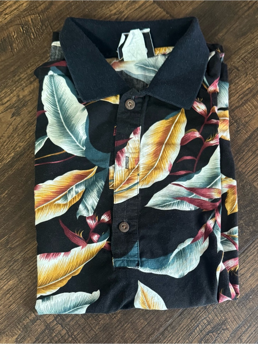 Hilo Hattie Black Polo with Tropical Leaf Print - Size L